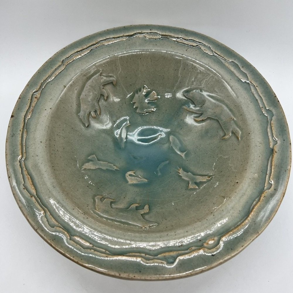 Pat & Ken Larson Clayworks Celadon Bowl 1995 Studio Pottery Bears Eagle Fish
